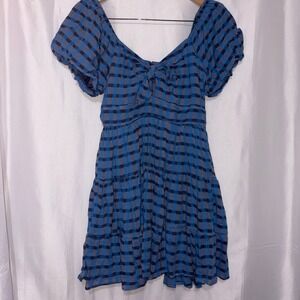 Trixi Francesca's Blue Gingham Tiered Puff Sleeve Mini Dress Large NWT
